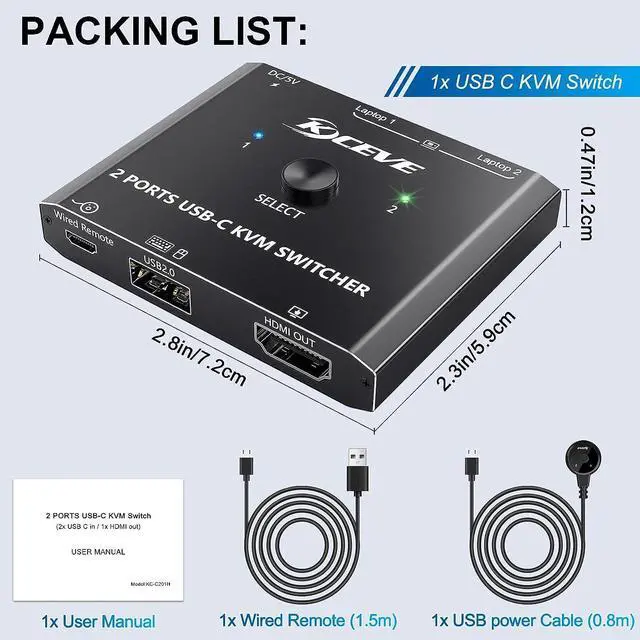 Alt view image 7 of 7 - USB C KVM Switch 4K@60Hz, USB C Switch for 2 Computers Share HDMI Display and Keyboard Mouse, Type C KVM Switch Compatible with Windows and MacOS, Wired Remote and Power Cable Included