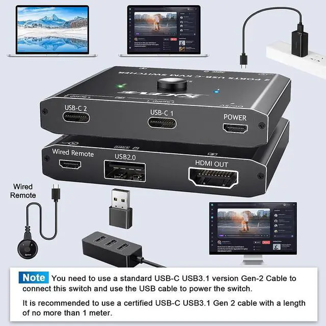 Alt view image 3 of 7 - USB C KVM Switch 4K@60Hz, USB C Switch for 2 Computers Share HDMI Display and Keyboard Mouse, Type C KVM Switch Compatible with Windows and MacOS, Wired Remote and Power Cable Included