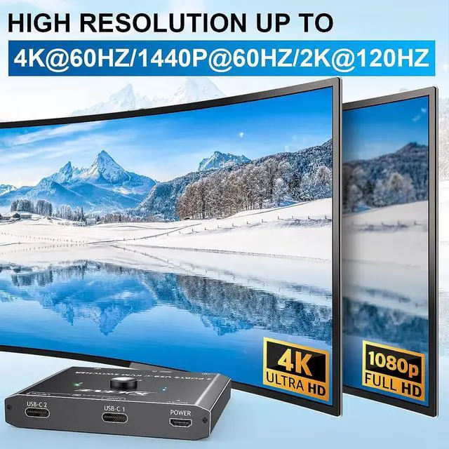 Alt view image 5 of 7 - USB C KVM Switch 4K@60Hz, USB C Switch for 2 Computers Share HDMI Display and Keyboard Mouse, Type C KVM Switch Compatible with Windows and MacOS, Wired Remote and Power Cable Included