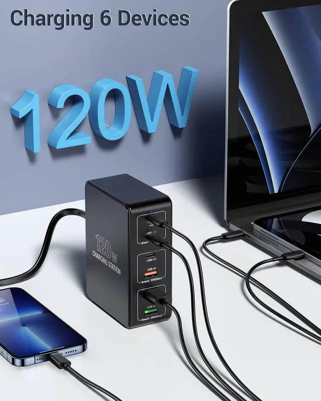 Alt view image 2 of 7 - USB C Charging Station,120W Multiport USB Charging Station, 6 Ports Multi USB Charger Station, Charging Station for Multiple Devices, USB Charging Hub Compatible with Ma-c-B-ook, Laptop,Smartphones..