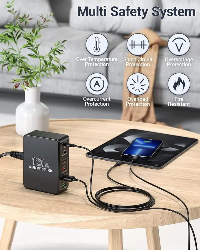 Alt view image 5 of 7 - USB C Charging Station,120W Multiport USB Charging Station, 6 Ports Multi USB Charger Station, Charging Station for Multiple Devices, USB Charging Hub Compatible with Ma-c-B-ook, Laptop,Smartphones..
