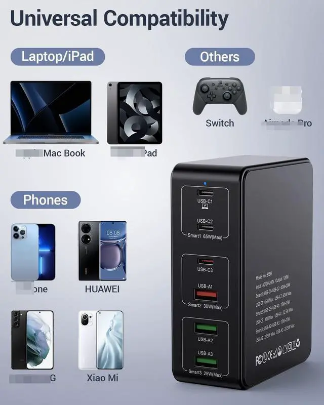 Alt view image 3 of 7 - USB C Charging Station,120W Multiport USB Charging Station, 6 Ports Multi USB Charger Station, Charging Station for Multiple Devices, USB Charging Hub Compatible with Ma-c-B-ook, Laptop,Smartphones..