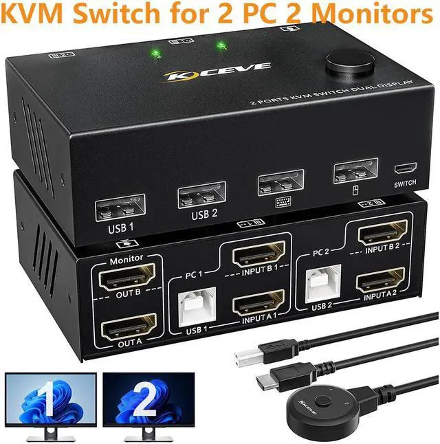 Main image of Dual Monitor USB HDMI KVM Switch 2 in 2 Out, 2 Port 4K@60Hz HDMI Extended Display Switcher for 2 Computers Share 2 Monitors and 4 USB 2.0 Hub, Desktop Controller and HDMI USB Cables Included