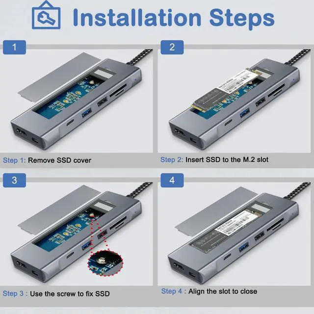 Alt view image 6 of 7 - USB-C Hub with M.2 NVMe/SATA SSD Enclosure, 8 in 1 USB C Hub Adapter Fits PCIe 3.0 NVMe M.2 SSD, 2.5-inch SATA HDD with 4K HDMI, 10Gbps USB-C 3.1 & USB 3.1, USB 2.0, SD/Micro SD, 100W PD for Laptops