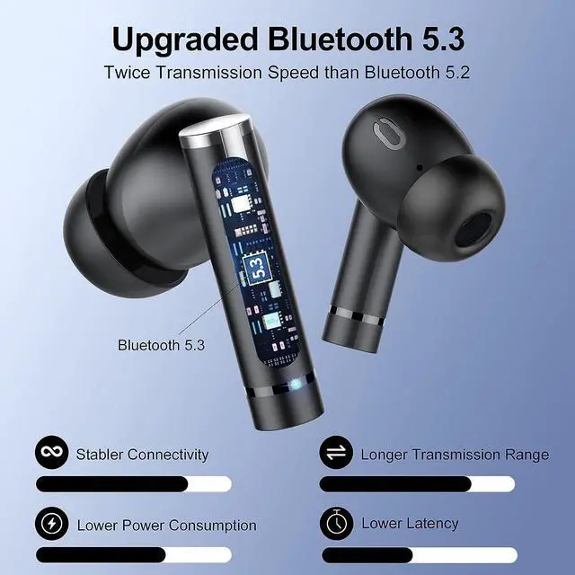 Alt view image 2 of 7 - True Wireless Earbuds, Bluetooth Headphones, Bluetooth 5.3 TWS Earbuds HiFi Stereo with 4 ENC Mic Call, 40Hrs Ear Buds with LED Display, IP7 Waterproof in Ear Earphones for Work/Home/Office (Black)