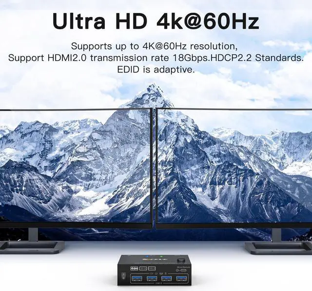 Alt view image 3 of 7 - USB 3.0 HDMI KVM Switch for 2 Computers 2 Monitors 4K@60Hz 2K@144Hz, EDID Emulator, Dual Monitor HDMI KVM Switch for 2 PC Share 2 Displays and 4 USB 3.0 Ports, Wired Remote and USB Cables Included
