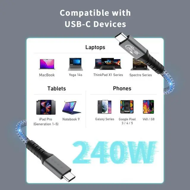 Alt view image 6 of 7 - 240W USB 4 Cable 1.64FT/0.5M, 40GBps Data Transmission, 240W (48V5A) PD Super Fast Charge, 8K @60Hz HD Extension for Thunderbolt 4, Mobile Phone, Notebook, MAC, SSD, PD3.1 and QC4.0