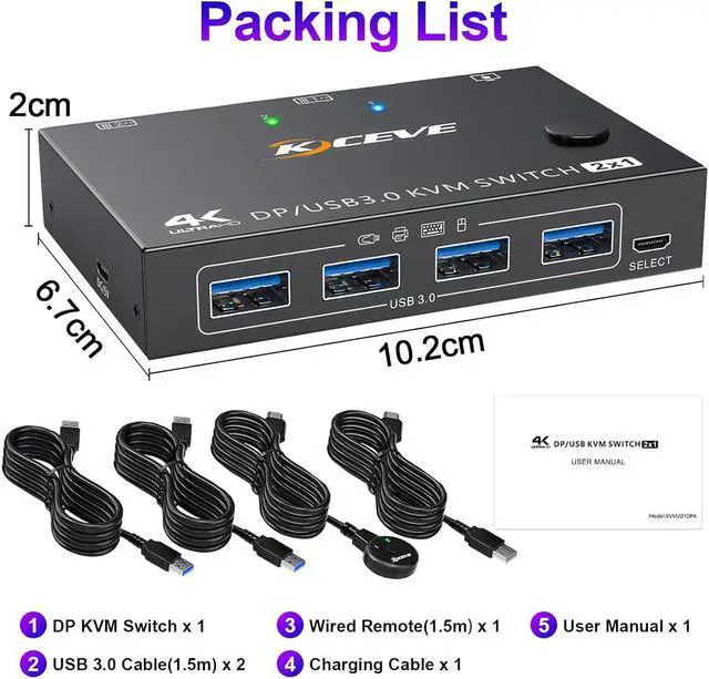 Alt view image 7 of 7 - USB 3.0 KVM Switch Displayport 4K@144Hz, 2 Port Displayport KVM Switch for 2 PCs 1 Monitor 8K@30Hz, DP KVM Switch 2 in 1 Out for 2 PC Share 4 USB 3.0 Device Keyboard Mouse Monitor with Wired Remote