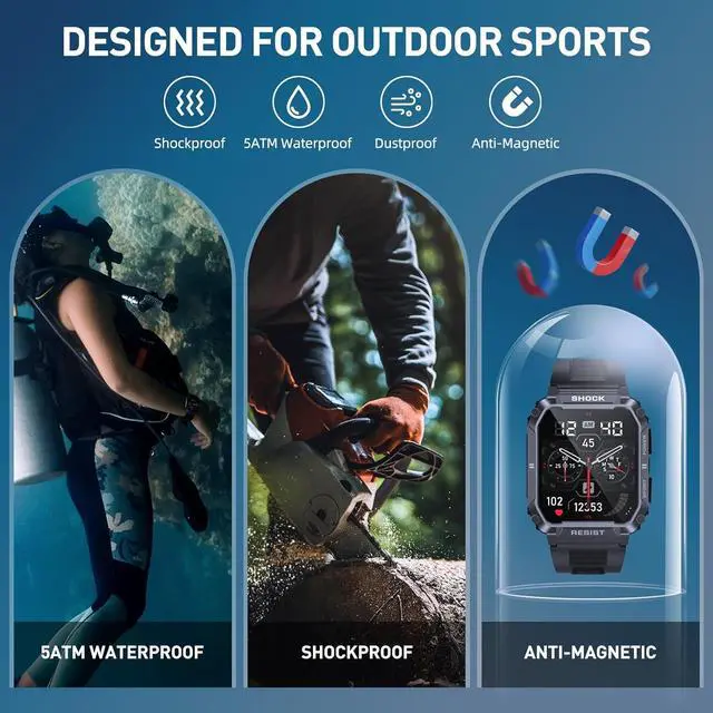Alt view image 3 of 6 - Military Smart Watches for Men, 1.95'' 5ATM Waterproof Smart Watch with Bluetooth Call (Answer/Make Calls), 123 Sports Modes Fitness Tracker Watch Tactical Smartwatch for IOS Android Phones