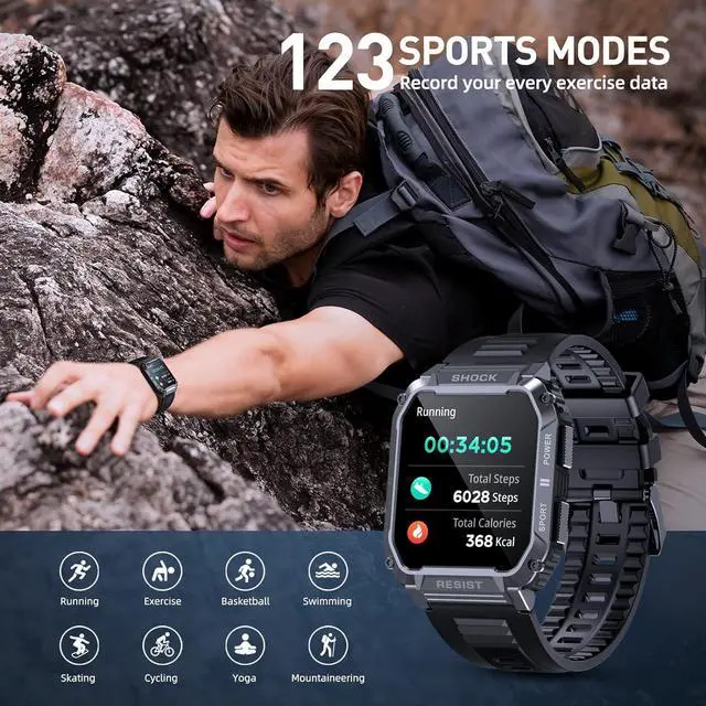 Alt view image 4 of 6 - Military Smart Watches for Men, 1.95'' 5ATM Waterproof Smart Watch with Bluetooth Call (Answer/Make Calls), 123 Sports Modes Fitness Tracker Watch Tactical Smartwatch for IOS Android Phones
