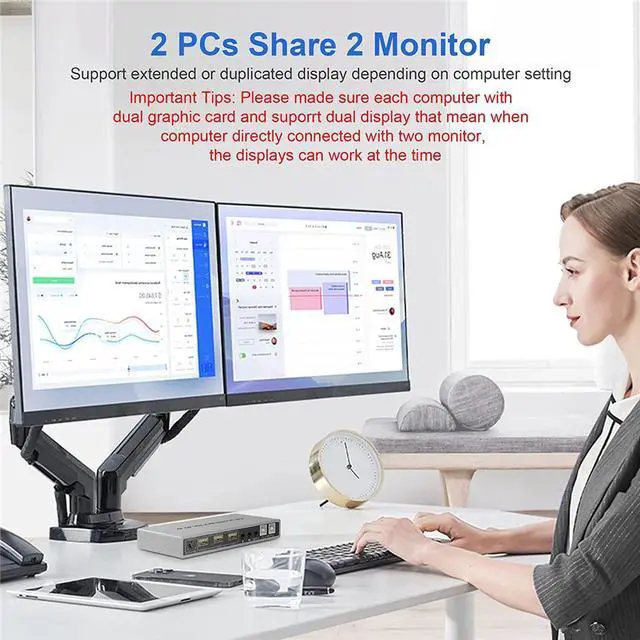 Alt view image 6 of 7 - Dual Monitor DisplayPort HDMI KVM Switch 4K @60Hz, 2-Port Extended Display 2 in 2 Out Displayport and HDMI KVM Switch 2 Computers2 Monitors , with 3xUSB, Audio Port, Included 2xUSB Cables, Controller