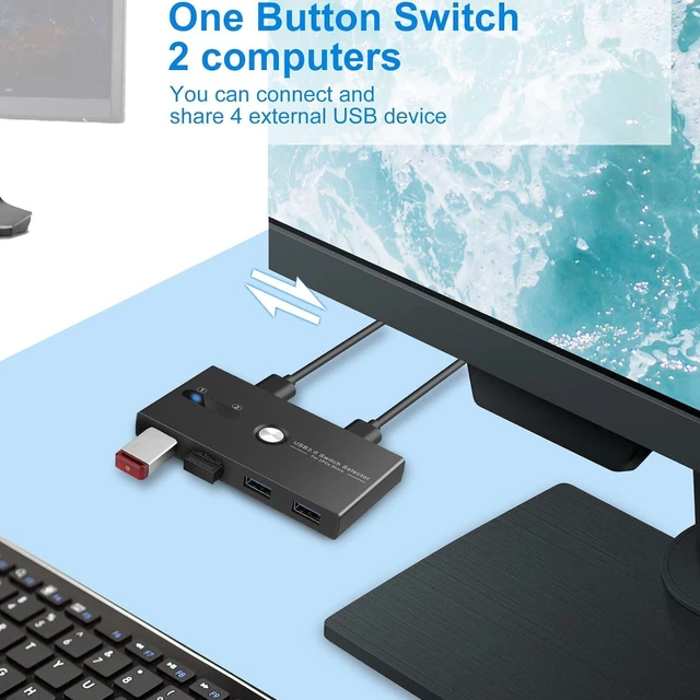Alt view image 6 of 7 - USB 3.0 KVM Switch Selector 2 Computers Sharing 4 USB Devices 4 Port USB Peripheral Switcher Box 2 in 4 Out with One-Button Swapping 2 Pack USB 3.0 Cable for Mouse, Keyboard, Scanner,Printer,Computer
