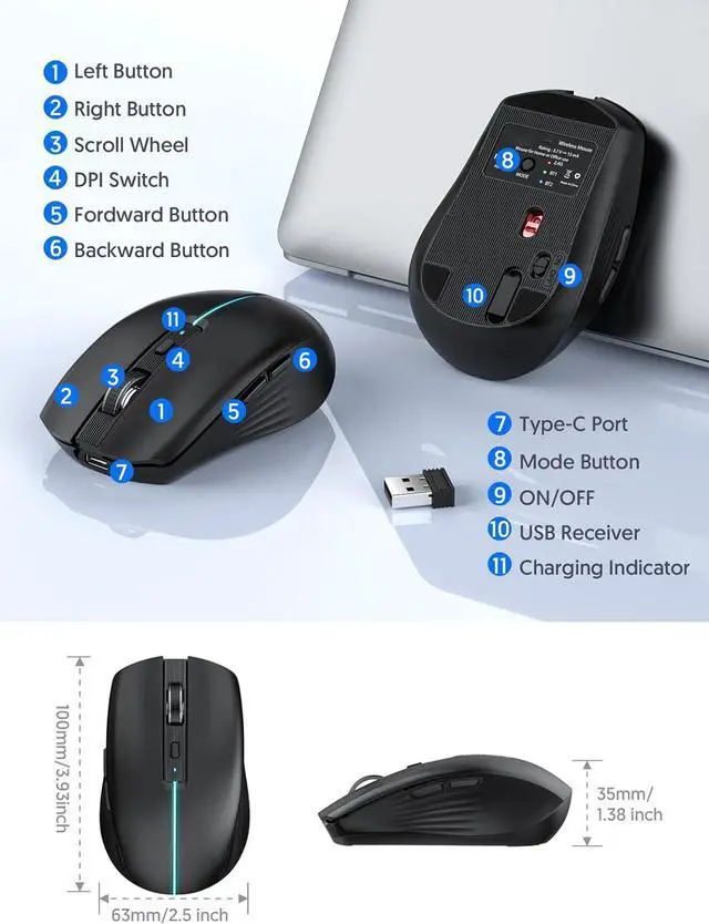 Alt view image 6 of 7 - Bluetooth Wireless Mouse - (BT1/BT2+2.4G) Tri-Mode High Performance Mouse, Rechargeable 2.4G RF Wireless Mouse, Quiet Click, Multi-Device Compatibility for Laptop, Computer, Tablet, PC