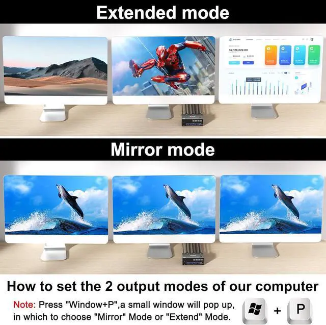 Alt view image 3 of 7 - 2 Displayport + HDMI 3 Monitor KVM Switch USB 3.0, 8K @60Hz 4K@144Hz Triple Monitor KVM Switch for 2 Computer Share 3 Monitor and 4 USB 3.0 Port Keyboard Mouse, Wired Remote and 5 Cables Included