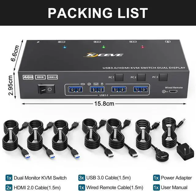 Alt view image 7 of 7 - USB 3.0 HDMI KVM Switch for 3 PC 2 Monitors, EDID Emulator, 4K@60Hz Extended Display, HDMI2.0 Dual Monitor KVM Switch for 3 PC Share Keyboard, Mouse, Printer USB Device, with Wired Remote and 5 Cables