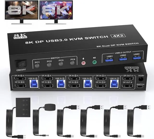 Main image of 8K@60Hz Displayport USB 3.0 KVM Switch 2 Monitors for 4 Computers, DP1.4 KVM Switch 4 Port with Audio Microphone Output and 3 USB 3.0 Ports, 8K DP Monitor KVM Switch for 4 PCs 2 Monitors