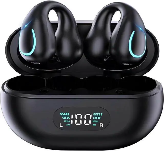 Main image of Open Ear Bone Conduction Headphones, Bluetooth Wireless Clip On Earbuds with Digital Display Charging Case 60 Hours Playtime IPX4 Waterproof Sports Headset for Running, Walking, Workout