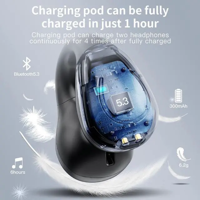Alt view image 4 of 7 - Open Ear Bone Conduction Headphones, Bluetooth Wireless Clip On Earbuds with Digital Display Charging Case 60 Hours Playtime IPX4 Waterproof Sports Headset for Running, Walking, Workout