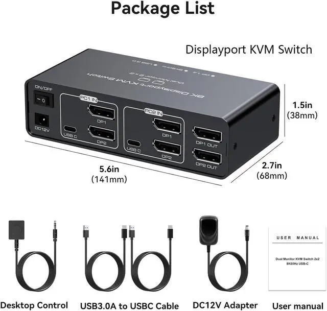 Alt view image 7 of 7 - 2 Port Dual Monitor DisplayPort KVM Switch 2 in 2 Out, 8K60Hz 4K120Hz Displayport KVM Switch for 2 Monitors 2 Computers Shared 4 USB Device Support DP1.4 With USB3.0 to USB C Cable - Aluminium