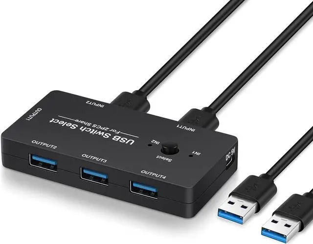 Main image of USB Switch 2 in 4 Out, USB Switcher for 2 Computers Sharing 4 USB Devices, USB 2.0 Switch Selector Box, USB KVM Switcher Selector 4 Ports for Keyboard Mouse Scanner Printer PC, With 2 Pack USB Cables