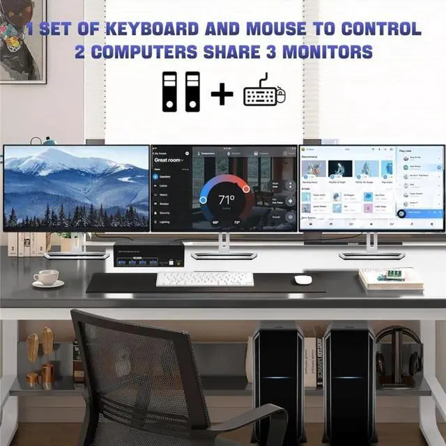 Alt view image 4 of 7 - 8K Displayport USB 3.0 KVM Switch 3 Monitors 2 Computers, DP1.4 Triple Monitor Displayport KVM Switch with 4 USB 3.0 Ports, 8K@60Hz 4K@144Hz DP KVM Triple Monitor Keyboard Mouse Switcher