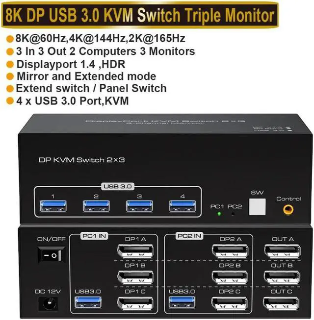 Alt view image 7 of 7 - 8K Displayport USB 3.0 KVM Switch 3 Monitors 2 Computers, DP1.4 Triple Monitor Displayport KVM Switch with 4 USB 3.0 Ports, 8K@60Hz 4K@144Hz DP KVM Triple Monitor Keyboard Mouse Switcher