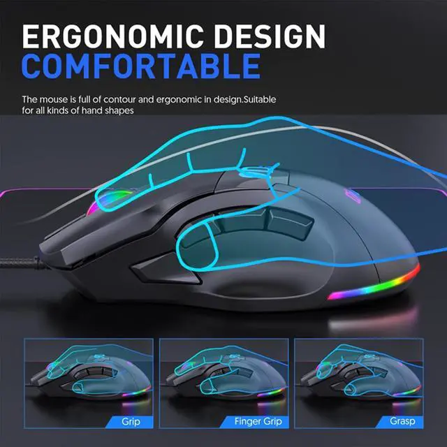 Alt view image 6 of 7 - USB Wired Gaming Mouse, Laptop Gaming Mice with Thumb Rest, RGB LED Light 6-Level-Adjustable DPI Programmable Gaming Mouse with Side Buttons, Ergonomic Computer Mouse for PC Laptop