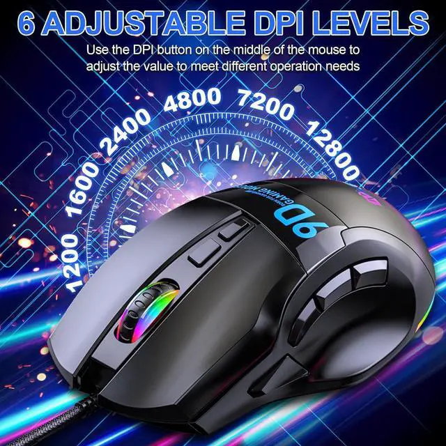 Alt view image 4 of 7 - USB Wired Gaming Mouse, Laptop Gaming Mice with Thumb Rest, RGB LED Light 6-Level-Adjustable DPI Programmable Gaming Mouse with Side Buttons, Ergonomic Computer Mouse for PC Laptop