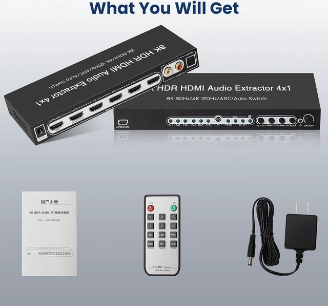 Alt view image 7 of 7 - 8K 60HZ HDMI Switch 4x1 with Audio Extractor and ARC, HDMI 2.1 Switch Audio Converter Support 7.1CH/ Optical 5.1CH/3.5mm Audio, 8K HDMI Switch with Remote Support CEC, UHD, HDCP2.2, 3D, 40Gbps