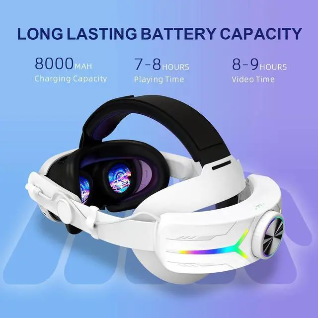 Alt view image 2 of 7 - RGB Comfort Battery Head Strap 8000mAh Compatible with Me-ta Quest 3 Accessories, Battery Pack Elite Strap Replacement for Enhanced Support and Extend Playtime in VR  (White)