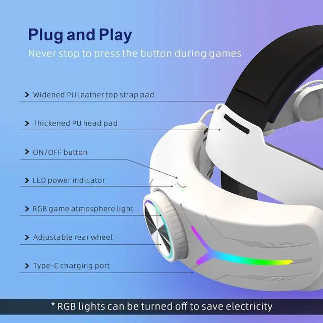 Alt view image 4 of 7 - RGB Comfort Battery Head Strap 8000mAh Compatible with Me-ta Quest 3 Accessories, Battery Pack Elite Strap Replacement for Enhanced Support and Extend Playtime in VR  (White)