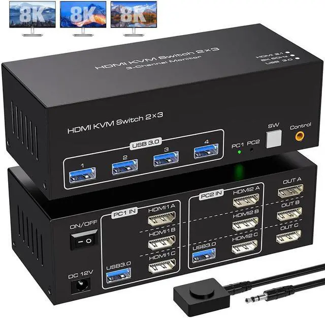 Main image of 4K144Hz Triple Monitor HDMI KVM Switch 3 Monitors 2 Computers 8K60Hz 2 PC 3 Monitors KVM Switches With 4 Ports USB 3.0 to Connect Keyboard Mouse and Printer Includes 2 USB 3.0 Cables and DC12V Adapter