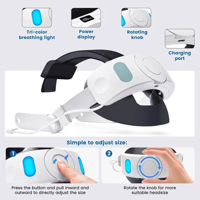 Alt view image 3 of 7 - Head Strap Accessories for Oculus/Meta Quest 3, 6000mAh Battery Pack Elite Strap with LED Display, RGB Lights, Headset Strap Replacement for Enhanced Playtime Comfort in VR