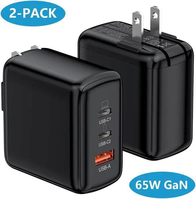 Main image of [2 Pack] USB C Charger Block, 65W 3 Port QC+PD3.0 GaN Power Adapter Type C Fast Charging Wall Plug for Mac-Book Pro/Air, i-Pad Pro, i-Phone 15 Pro Max/14/13/12, A-ir-P-ods Pro, Galaxy S23/S22 (Black)