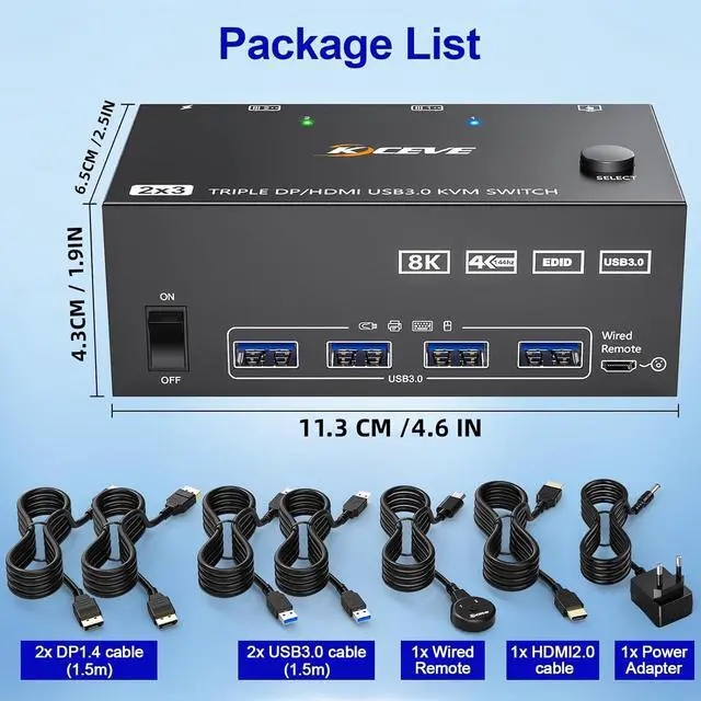 Alt view image 7 of 7 - HDMI + 2 DP KVM Switch 3 Monitor 2 Computers 8K@60Hz 4K@144Hz, HDMI+2 Displayport Triple Monitor KVM Switch for 2 PCs 3 Monitors with 4 USB 3.0 Ports, Wired Remote Control and 5 cables included