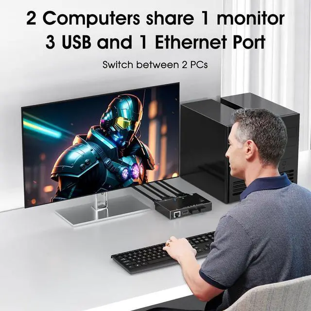 Alt view image 2 of 7 - 2 Port HDMI KVM Switch with Ethernet, HDMI KVM Switch 2 in 1 Out 4K@60Hz, HDMI KVM Switches for 2 Computers Share 1 Monitor and 3 USB Devices Keyboard Mouse, Ethernet Network KVM Switcher