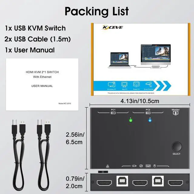 Alt view image 7 of 7 - 2 Port HDMI KVM Switch with Ethernet, HDMI KVM Switch 2 in 1 Out 4K@60Hz, HDMI KVM Switches for 2 Computers Share 1 Monitor and 3 USB Devices Keyboard Mouse, Ethernet Network KVM Switcher