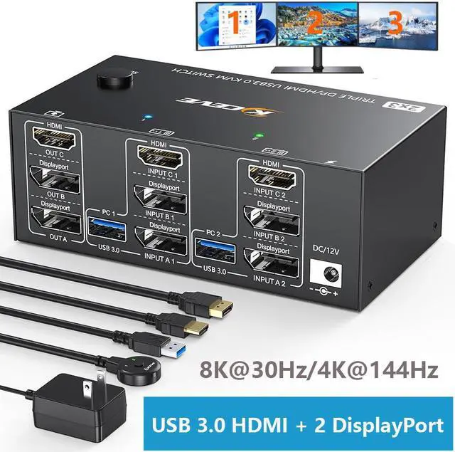 Main image of HDMI + 2 DisplayPort KVM Switch 2 PCs 3 Monitors, 8K@30Hz/4k@144Hz Triple Monitor 2 DP + HDMI KVM Switch for 2 Computer Share 3 Display and 4 USB 3.0 Devices, Wired Remote and USB Cables Included