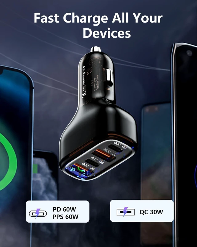 Alt view image 4 of 7 - 120W USB C Car Charger, Car Cigarette Lighter Adapter, Dual PD60W/PPS60W Car Charger for i-Phone 15/14/13/Pro Max/Pro/Android Smartphones and More, Fast Charger for Family Travel