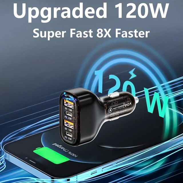 Alt view image 2 of 7 - 120W USB C Car Charger, Car Cigarette Lighter Adapter, Dual PD60W/PPS60W Car Charger for i-Phone 15/14/13/Pro Max/Pro/Android Smartphones and More, Fast Charger for Family Travel