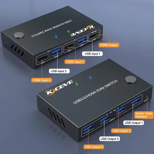 Alt view image 6 of 7 - 2 Port HDMI KVM Switch 2 in 1 Out, USB 3.0 HDMI KVM Switch 4K@60Hz 2K@144Hz Simulation EDID for 2 Computers Share 1 Monitor and Keyboard Mouse Printer with Remote and KVM Cables