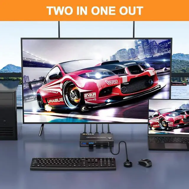 Alt view image 2 of 7 - 2 Port HDMI KVM Switch 2 in 1 Out, USB 3.0 HDMI KVM Switch 4K@60Hz 2K@144Hz Simulation EDID for 2 Computers Share 1 Monitor and Keyboard Mouse Printer with Remote and KVM Cables