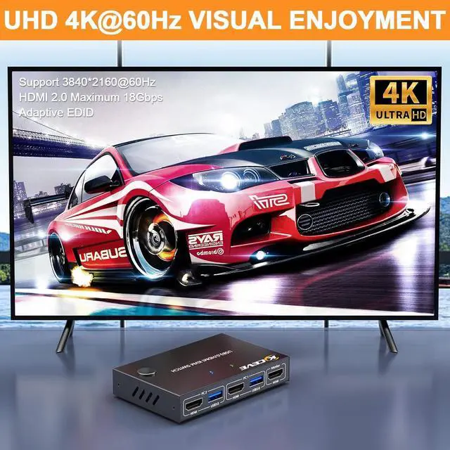 Alt view image 4 of 7 - 2 Port HDMI KVM Switch 2 in 1 Out, USB 3.0 HDMI KVM Switch 4K@60Hz 2K@144Hz Simulation EDID for 2 Computers Share 1 Monitor and Keyboard Mouse Printer with Remote and KVM Cables