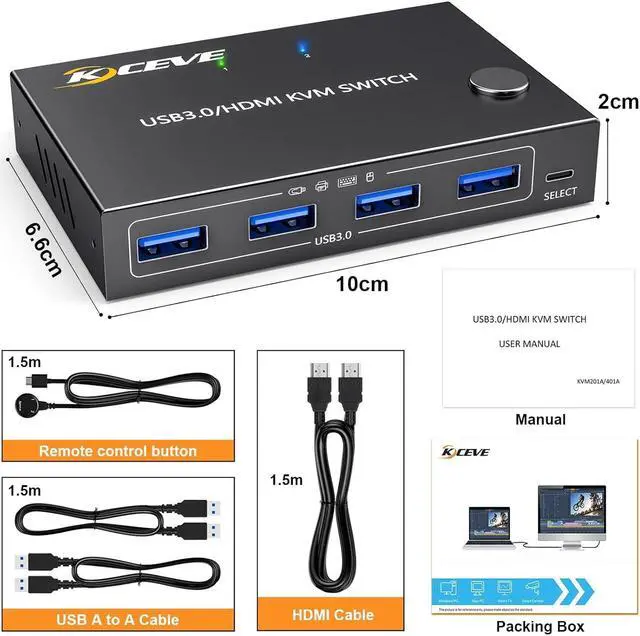 Alt view image 7 of 7 - 2 Port HDMI KVM Switch 2 in 1 Out, USB 3.0 HDMI KVM Switch 4K@60Hz 2K@144Hz Simulation EDID for 2 Computers Share 1 Monitor and Keyboard Mouse Printer with Remote and KVM Cables