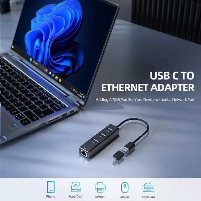 Alt view image 4 of 7 - USB 3.0 to Ethernet Adapter, 4-in-1 USB 3.0 Hub with Ethernet Adapter, 3 Ports USB 3.0 Ethernet Hub with RJ45 1000Mbps Gigabit Ethernet Connection, USB Network Adapter with USB C Adapter for Laptop