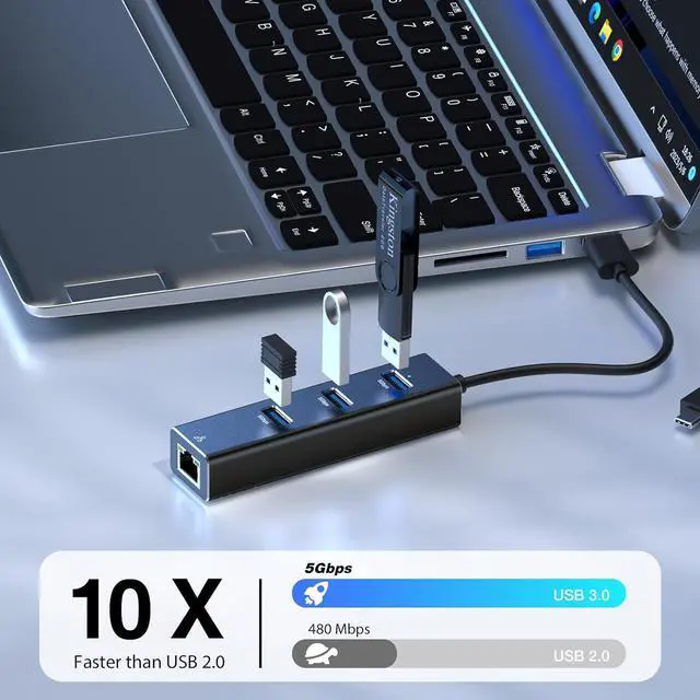 Alt view image 6 of 7 - USB 3.0 to Ethernet Adapter, 4-in-1 USB 3.0 Hub with Ethernet Adapter, 3 Ports USB 3.0 Ethernet Hub with RJ45 1000Mbps Gigabit Ethernet Connection, USB Network Adapter with USB C Adapter for Laptop