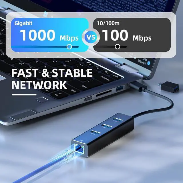 Alt view image 3 of 7 - USB 3.0 to Ethernet Adapter, 4-in-1 USB 3.0 Hub with Ethernet Adapter, 3 Ports USB 3.0 Ethernet Hub with RJ45 1000Mbps Gigabit Ethernet Connection, USB Network Adapter with USB C Adapter for Laptop