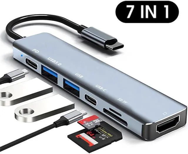 Main image of USB C Hub, 7 in 1 USB C Multiport Adapter with 4K HDMI, Type C 87W PD, USB 3.0 5Gbps Data Ports, SD/TF Card Reader for Mac-Book Pro, M-ac-Book Air, D-e-l-l XPS, Le-no-vo Thinkpad, H-P Laptops and More