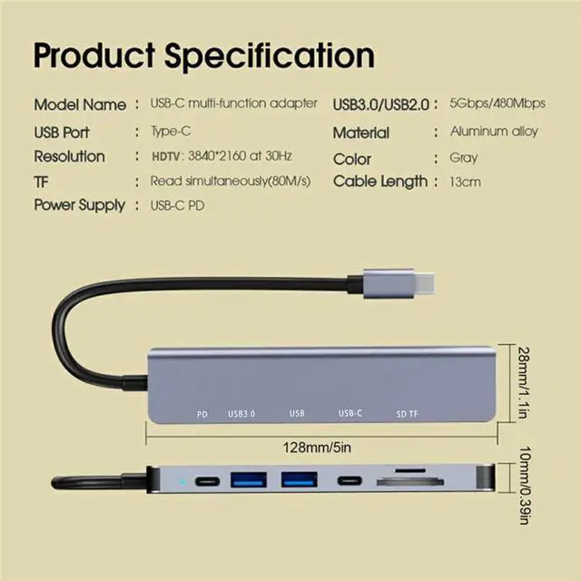 Alt view image 6 of 7 - USB C Hub, 7 in 1 USB C Multiport Adapter with 4K HDMI, Type C 87W PD, USB 3.0 5Gbps Data Ports, SD/TF Card Reader for Mac-Book Pro, M-ac-Book Air, D-e-l-l XPS, Le-no-vo Thinkpad, H-P Laptops and More