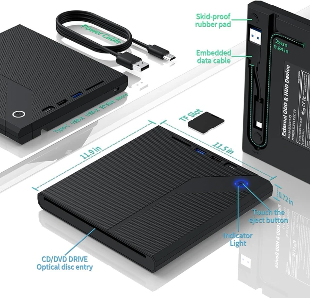 Alt view image 7 of 7 - External CD/DVD Drive for Laptop, 5 in 1 Type C USB 3.0 Player Mute Portable CD/DVD Burner, Slot Type ROM Burner Writer External Disk Optical Drive with Laptop Desktop PC for Windows Linux MacOS